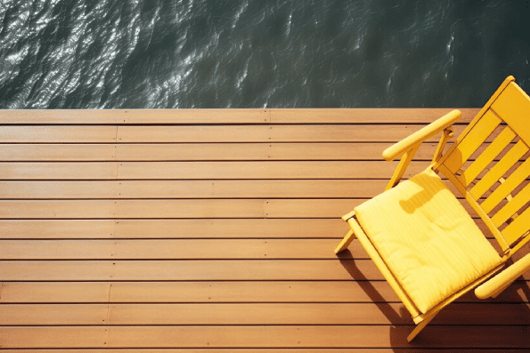 Furnished outdoor terrace with wpc wood plastic composite decking boards Created with Generative AI technology